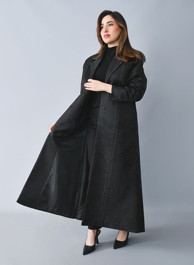 HAWRAA ABAYA Elegant blazer-style abaya with an A-line silhouette, crafted from refined fabric adorned with floral patterns - Image 2